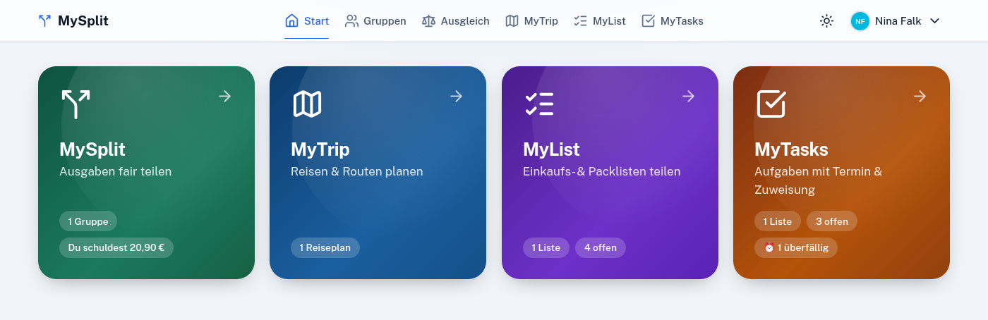 MySplit Startseite mit MySplit, MyTrip, MyList und MyTasks