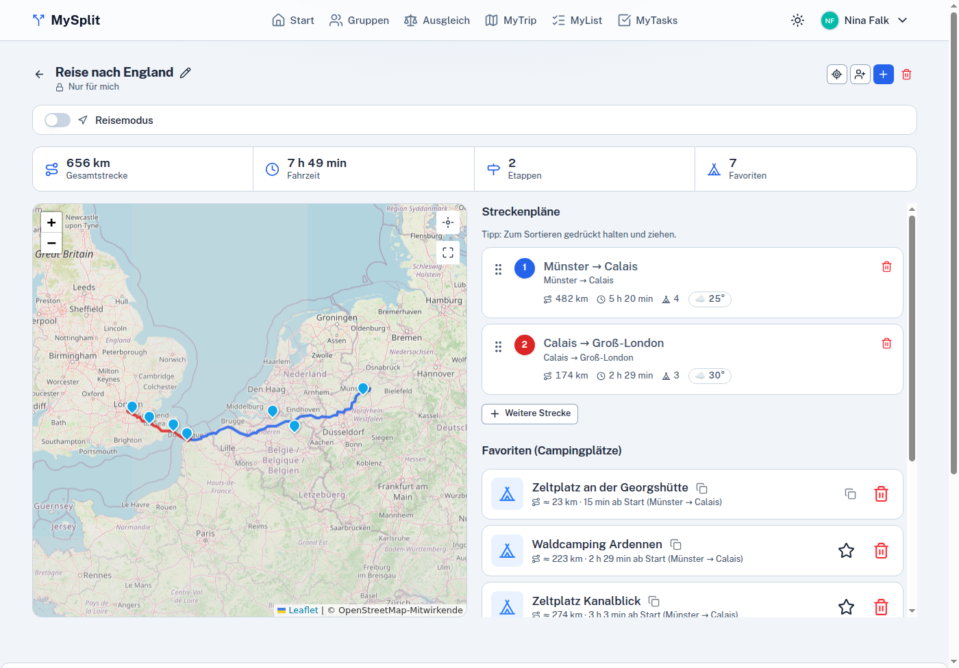MyTrip Streckenplan mit berechneter Route auf der Karte